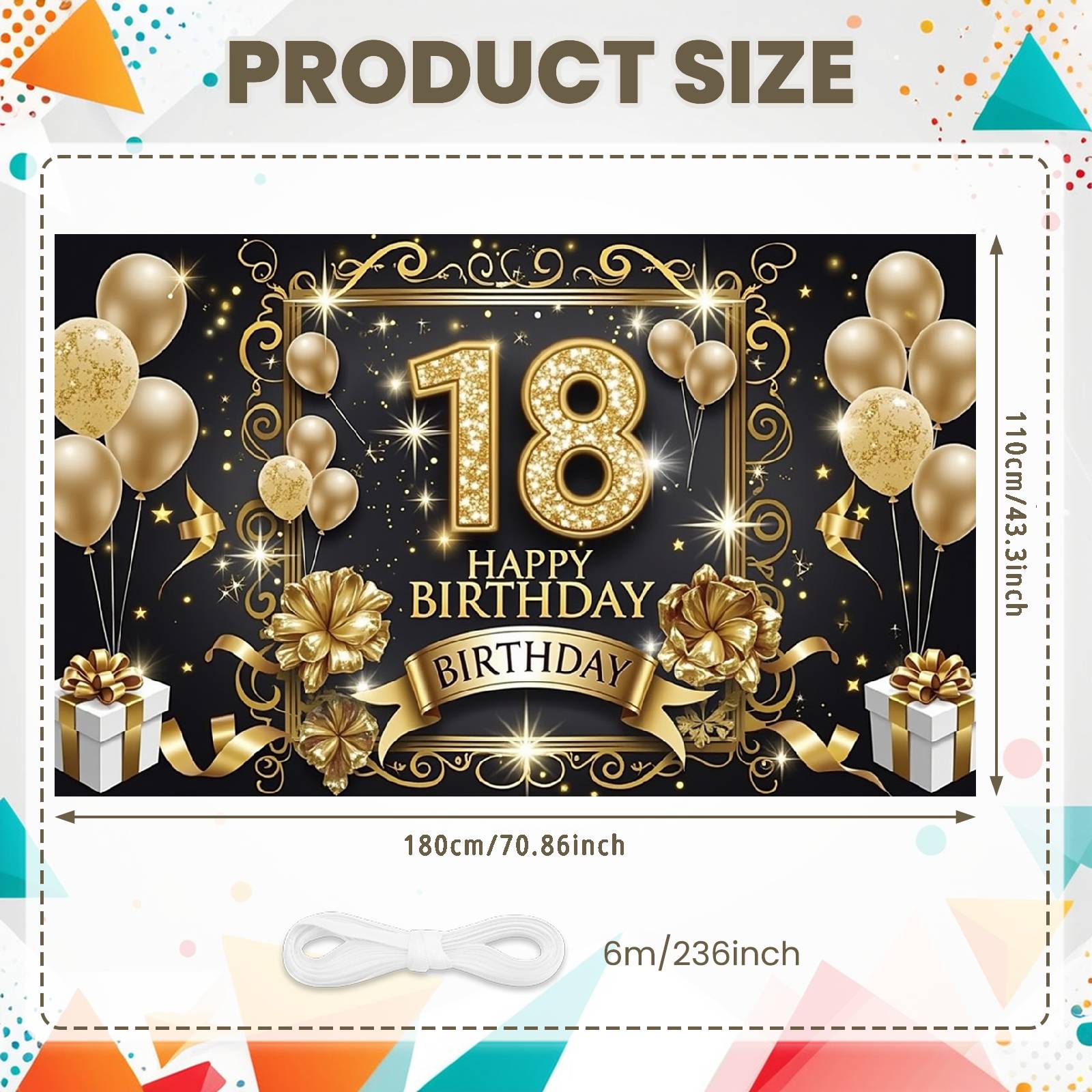 18th Happy Birthday Backdrop Banner – Large Gold & Black Party Photography Background (180 x 110 cm) Backdrop
