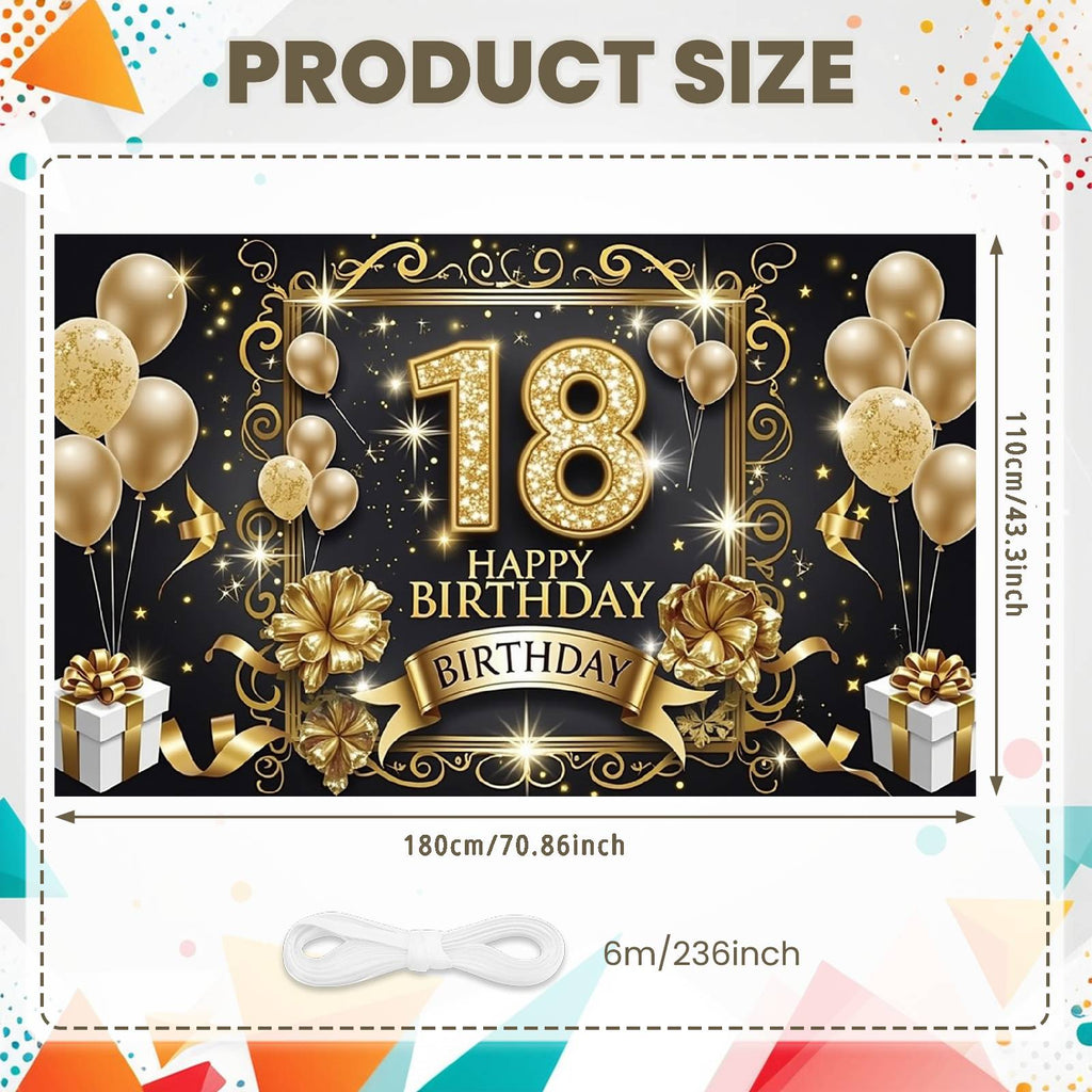 18th Happy Birthday Backdrop Banner – Large Gold & Black Party Photography Background (180 x 110 cm) Backdrop