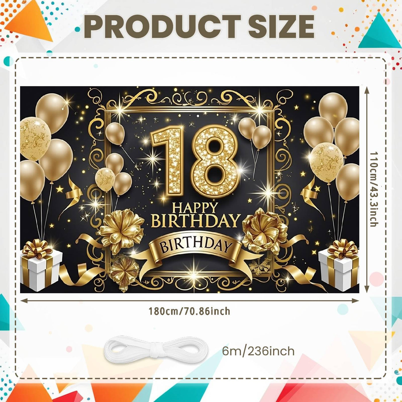 18th Happy Birthday Backdrop Banner – Large Gold & Black Party Photography Background (180 x 110 cm) Backdrop