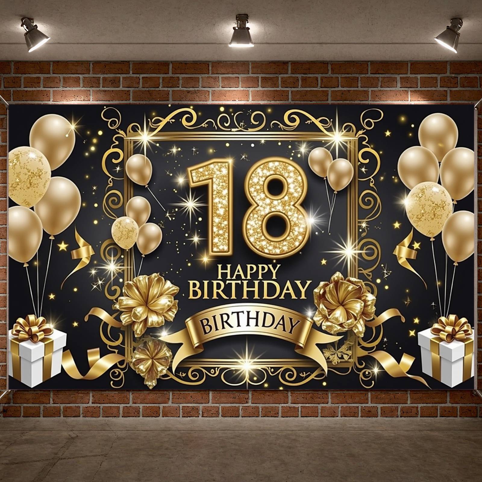 18th Happy Birthday Backdrop Banner – Large Gold & Black Party Photography Background (180 x 110 cm)