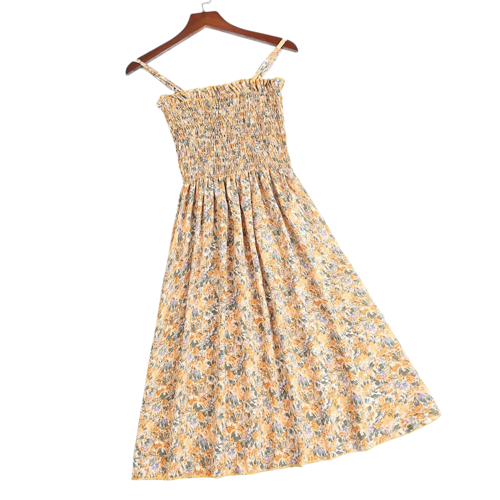 One Size Yellow Flower Sun Dress - Adjustable Straps & Stretchy Shirred Bust Dress