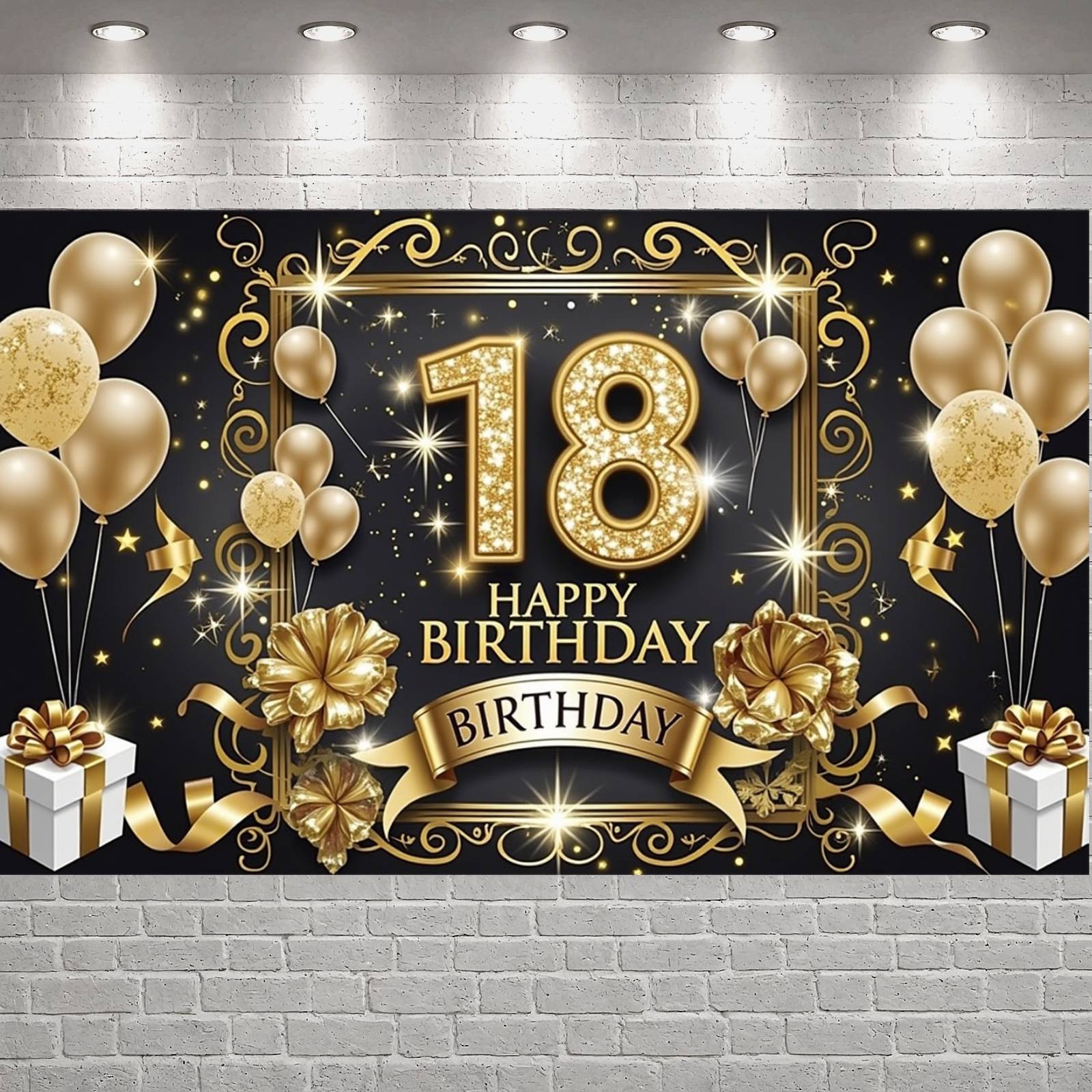 18th Happy Birthday Backdrop Banner – Large Gold & Black Party Photography Background (180 x 110 cm)