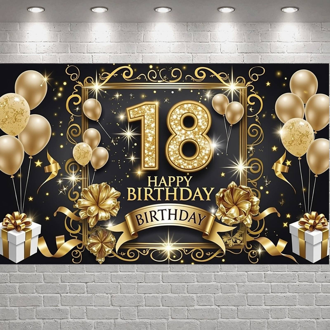 18th Happy Birthday Backdrop Banner – Large Gold & Black Party Photography Background (180 x 110 cm) Backdrop
