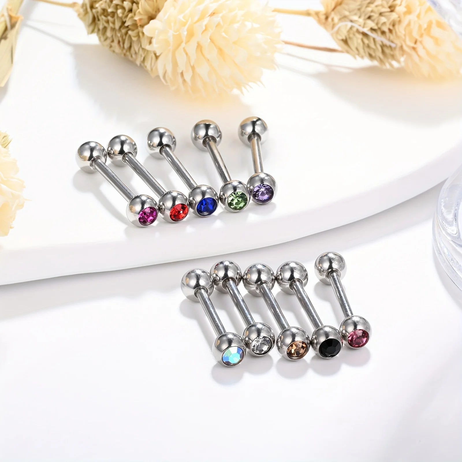 10 Pack 16mm Stainless Steel Tongue Bars with Mixed Colour Crystals