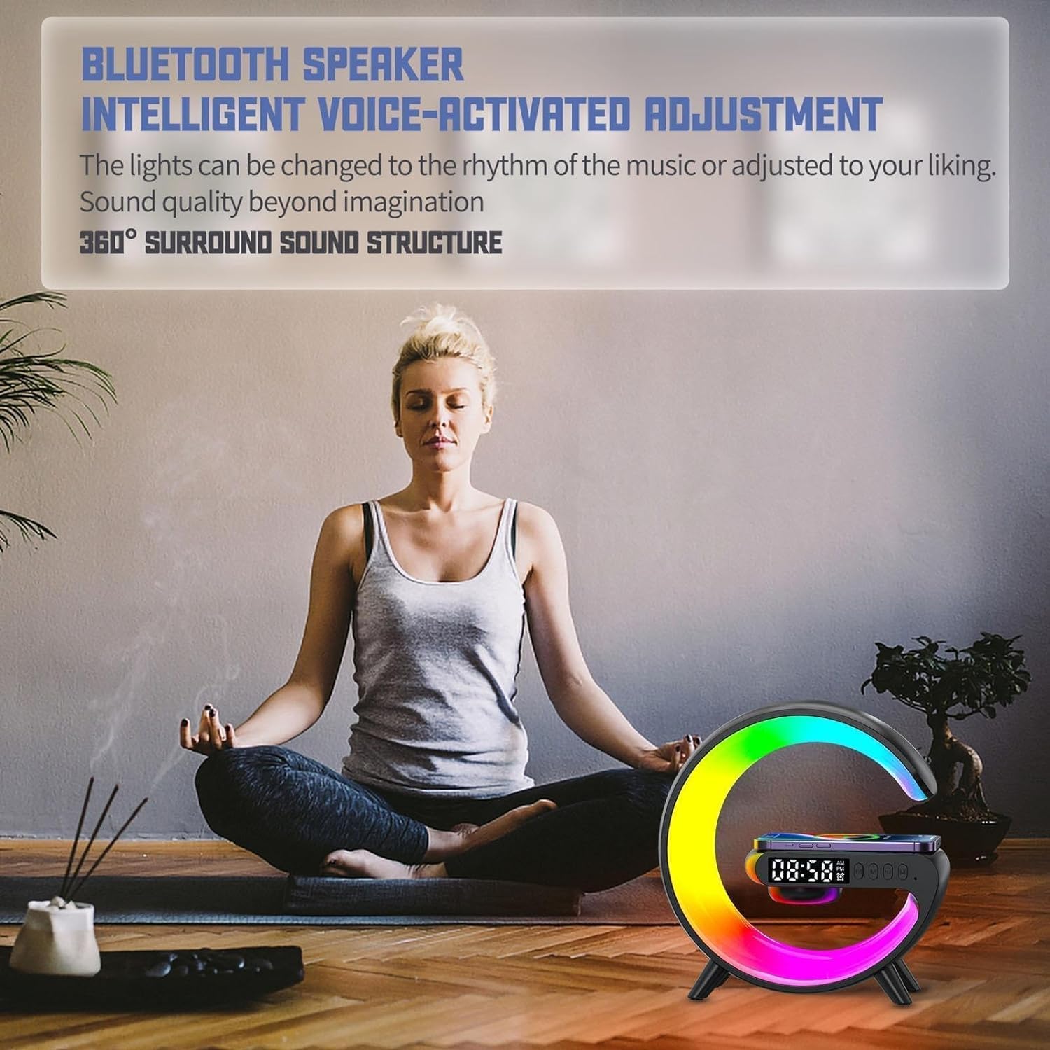 Multi-functional RGB Light with Wireless Charging, Alarm Clock, and Speaker