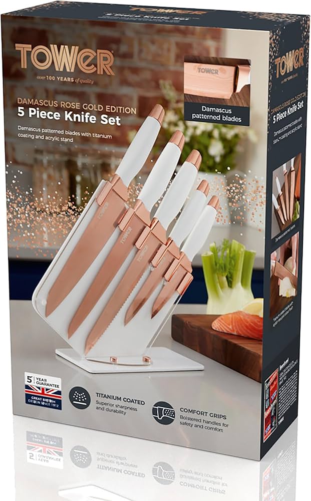 5pc Tower Kitchen Knife Set With Knife Block Rose Gold - Truly Yours