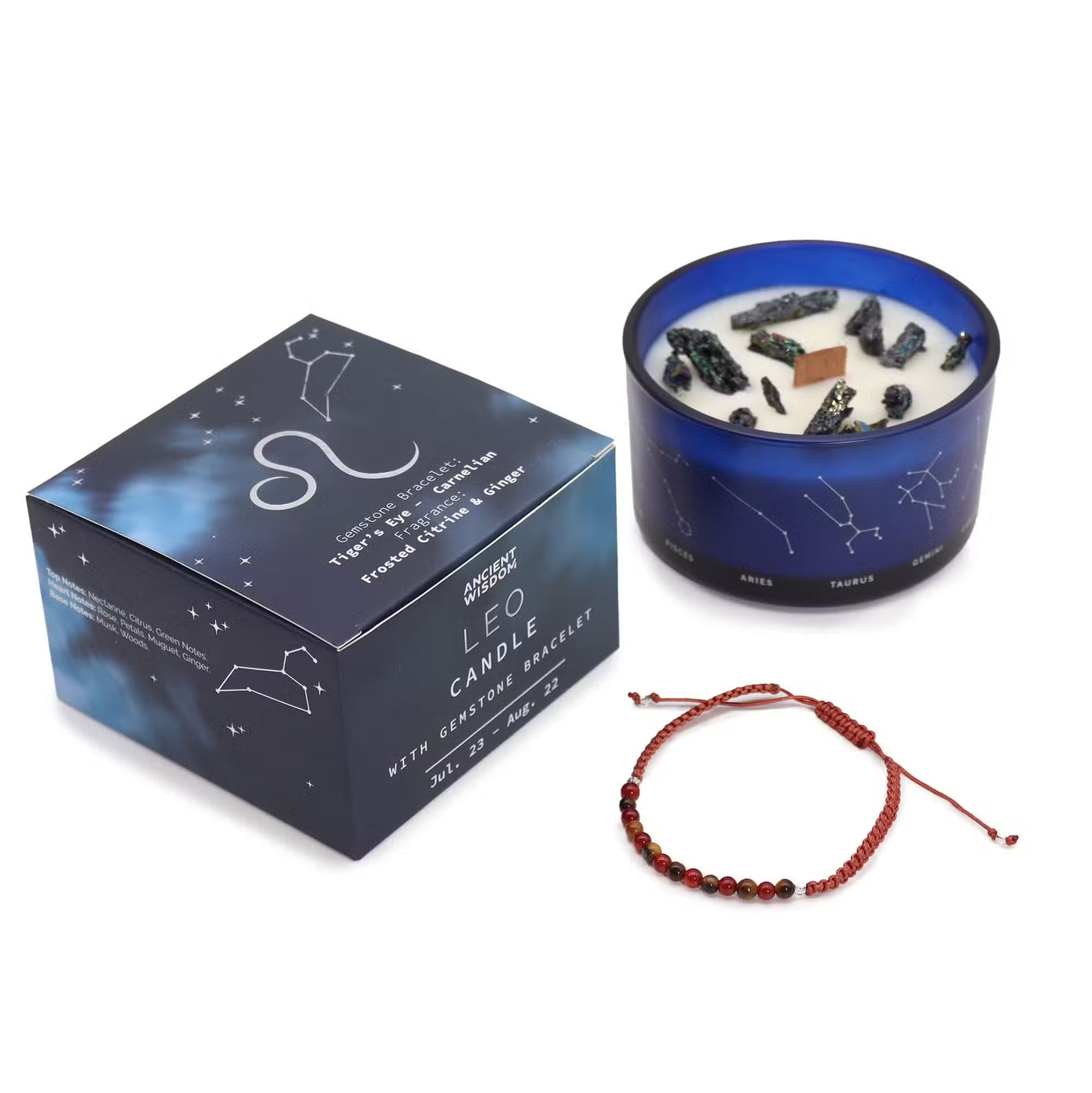 Zodiac Crystal Candle with Gemstone Bracelet - Leo Candle