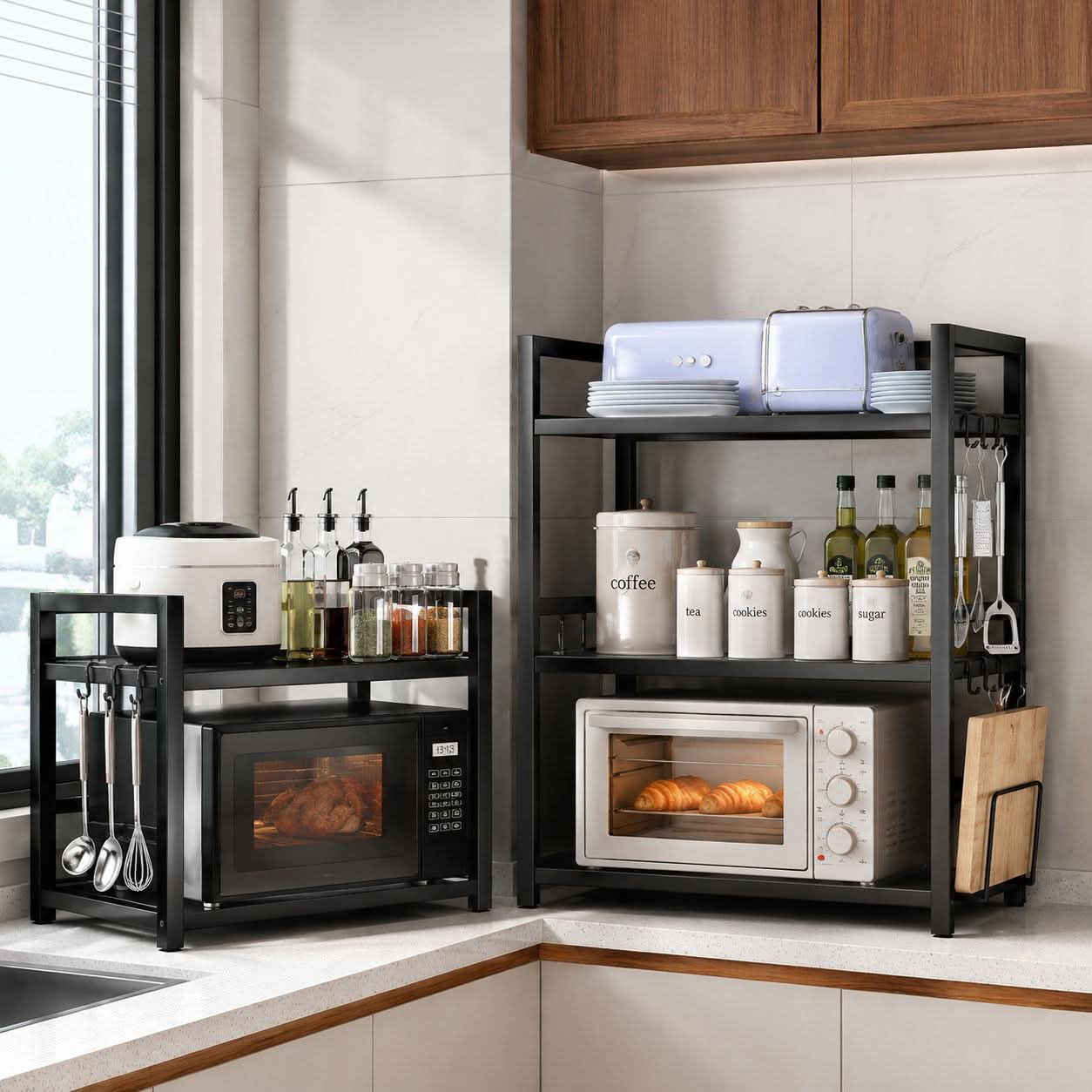 Adjustable Microwave Oven Storage Shelf with 6 Hooks – Space Saving Kitchen Organiser 🏡✨
