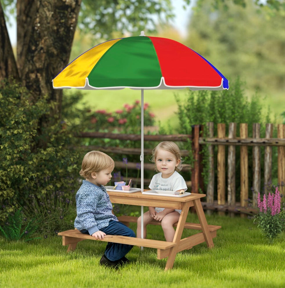 Wooden Kids Picnic Table/ Sand and Water Table with Parasol