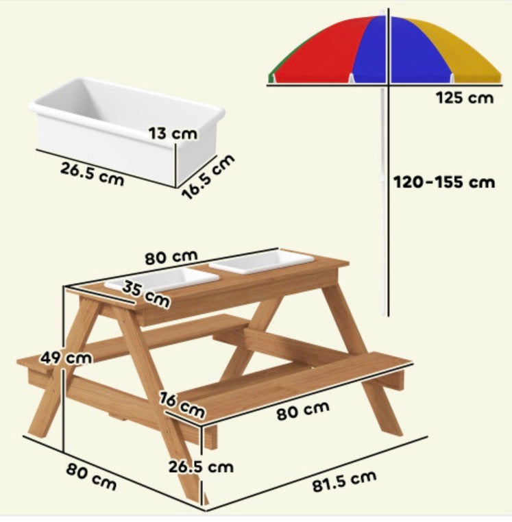 Wooden Kids Picnic Table/ Sand and Water Table with Parasol - Truly Yours