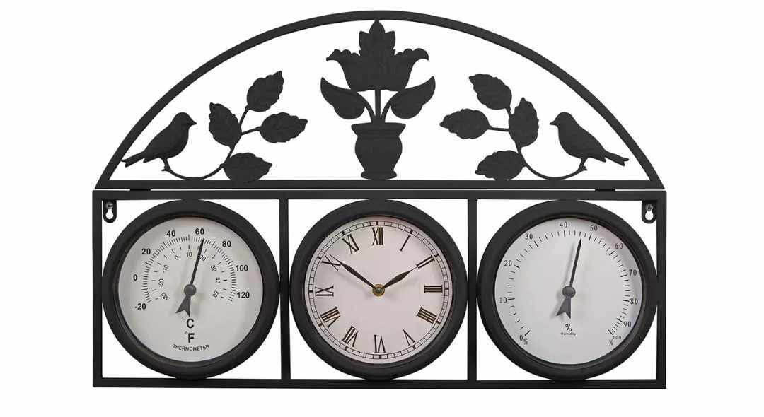 Shabby Chic Dark Grey Wall Clock With Thermometer & Hygrometer