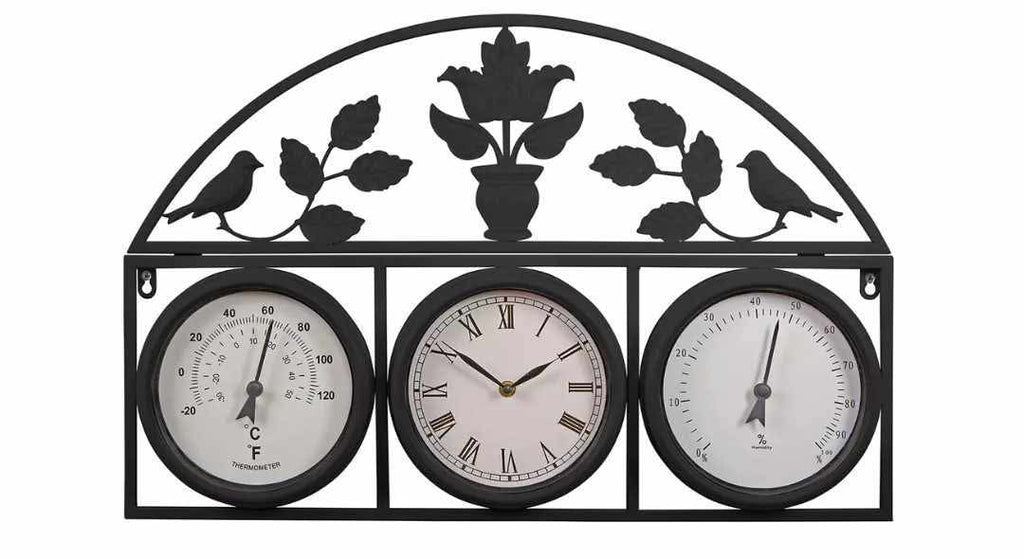 Shabby Chic Dark Grey Wall Clock With Thermometer & Hygrometer