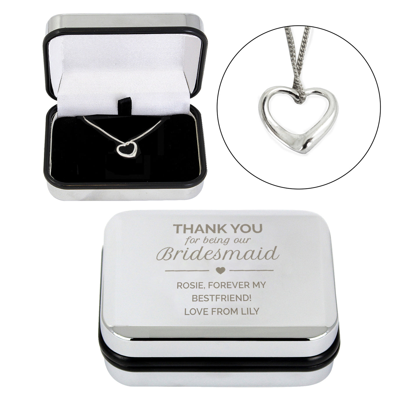 Personalised Bridesmaid Box and Sterling Silver Heart Necklace - Truly Yours