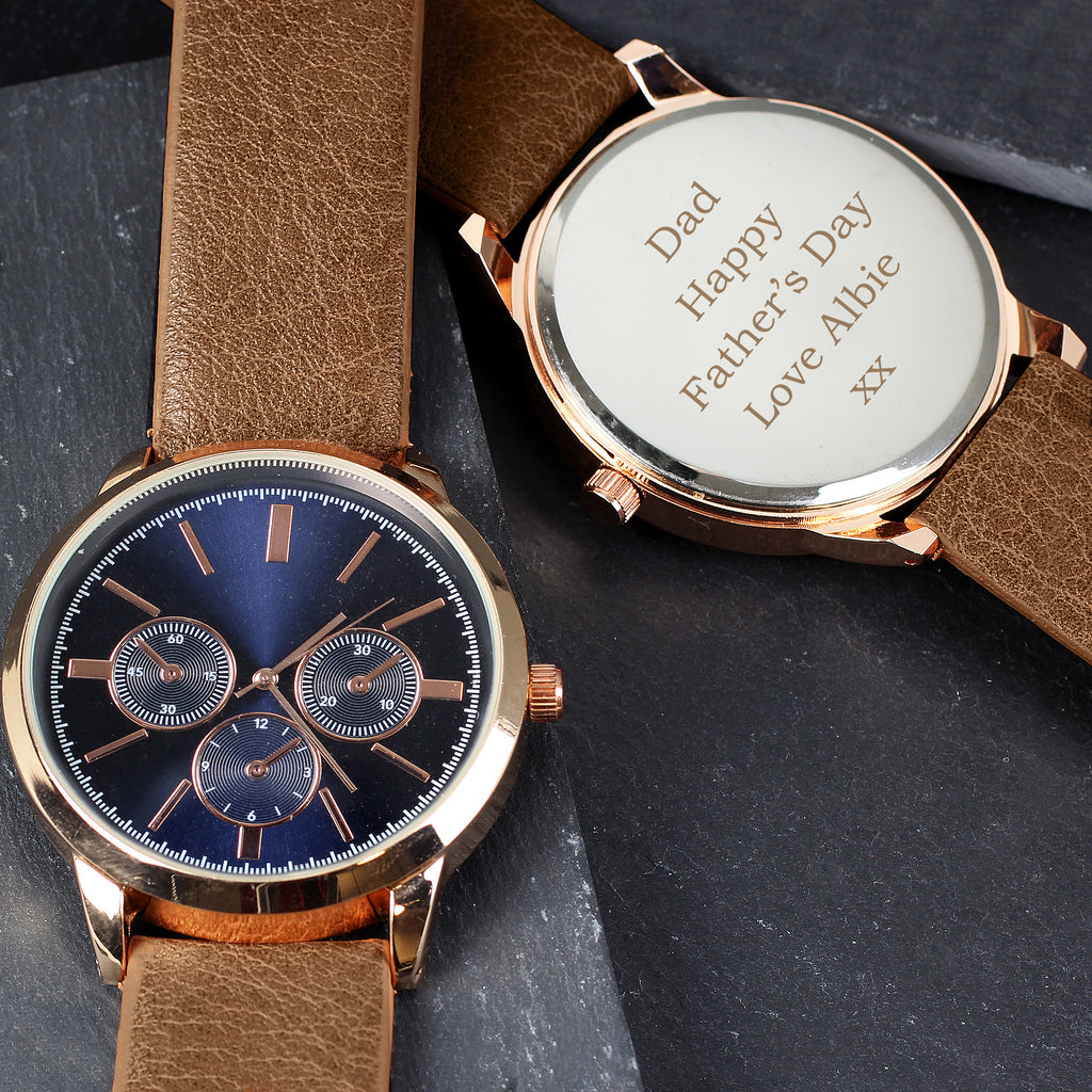 Personalised Mens Rose Gold Tone Watch with Brown Strap and Presentation Box - Truly Yours