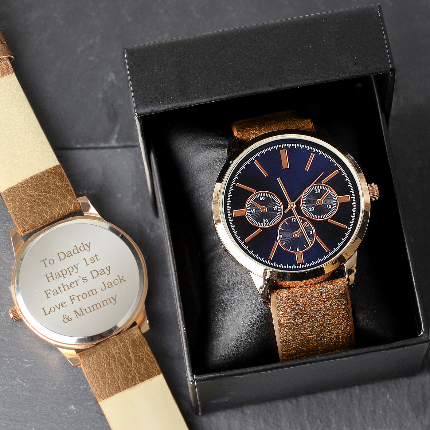 Personalised Mens Rose Gold Tone Watch with Brown Strap and Presentation Box - Truly Yours