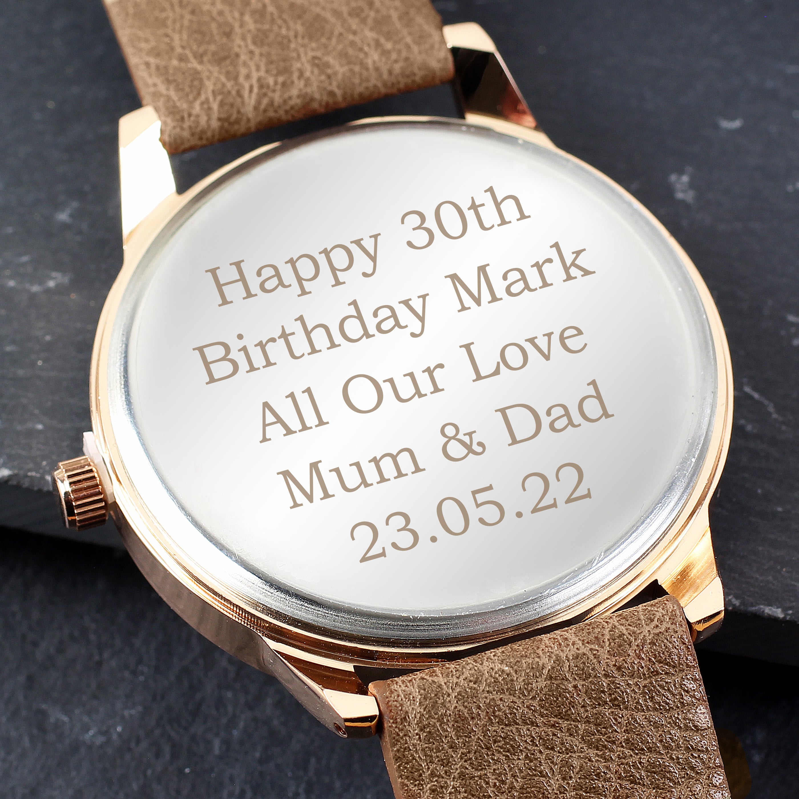 Personalised Mens Rose Gold Tone Watch with Brown Strap and Presentation Box - Truly Yours