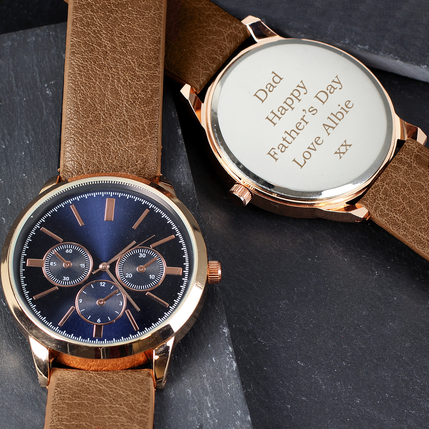 Personalised Mens Rose Gold Tone Watch with Brown Strap and Presentation Box - Truly Yours