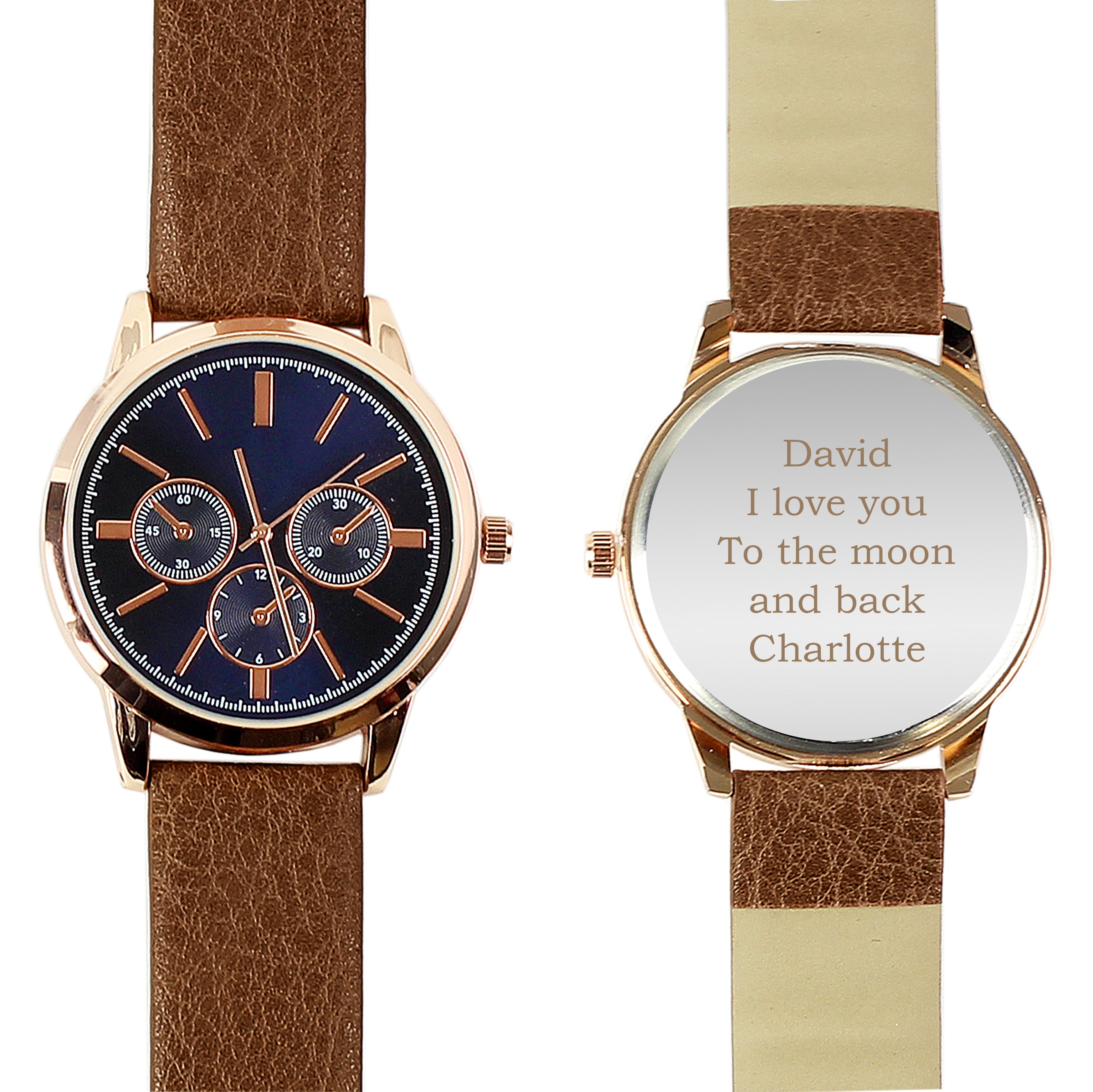 Personalised Mens Rose Gold Tone Watch with Brown Strap and Presentation Box - Truly Yours