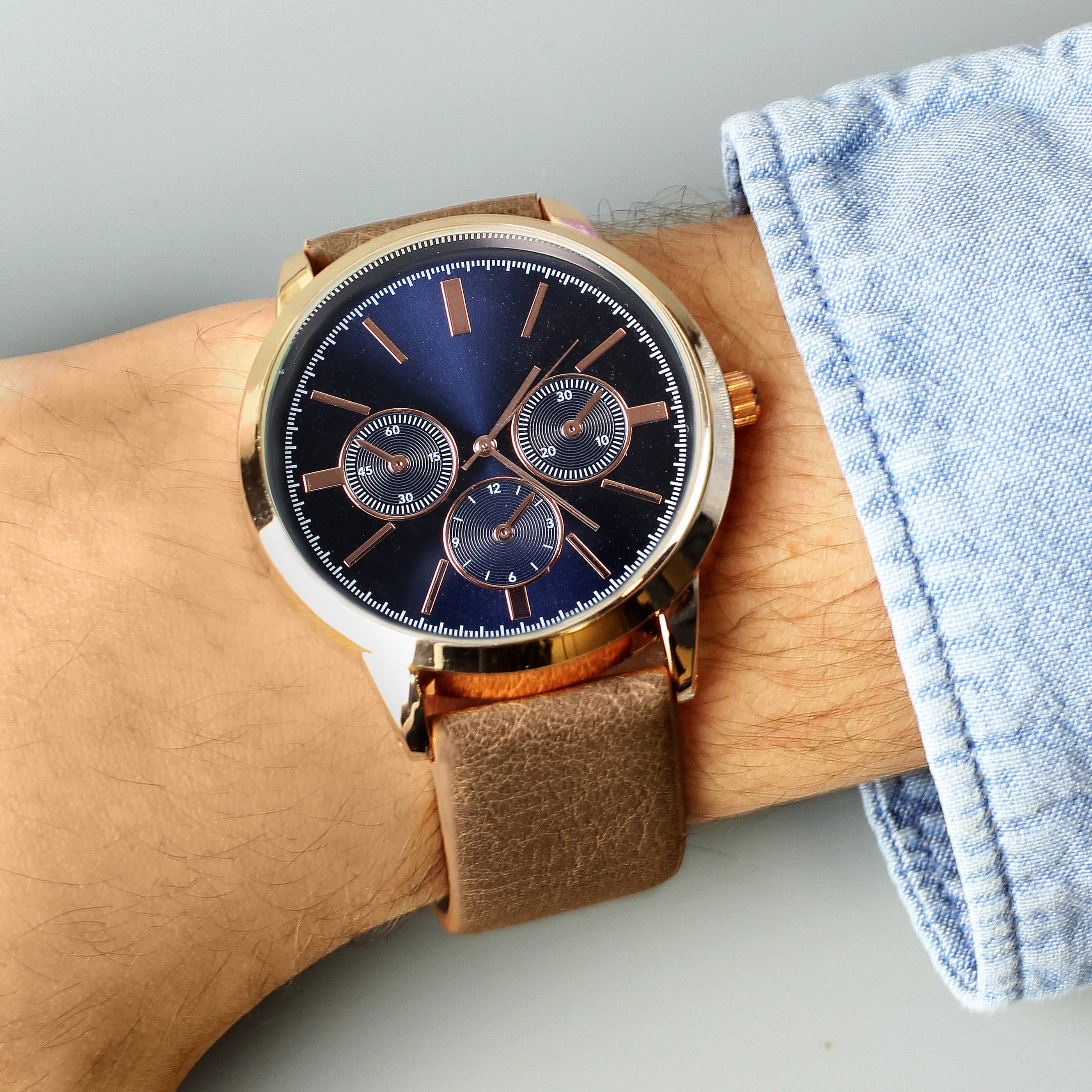 Personalised Mens Rose Gold Tone Watch with Brown Strap and Presentation Box - Truly Yours