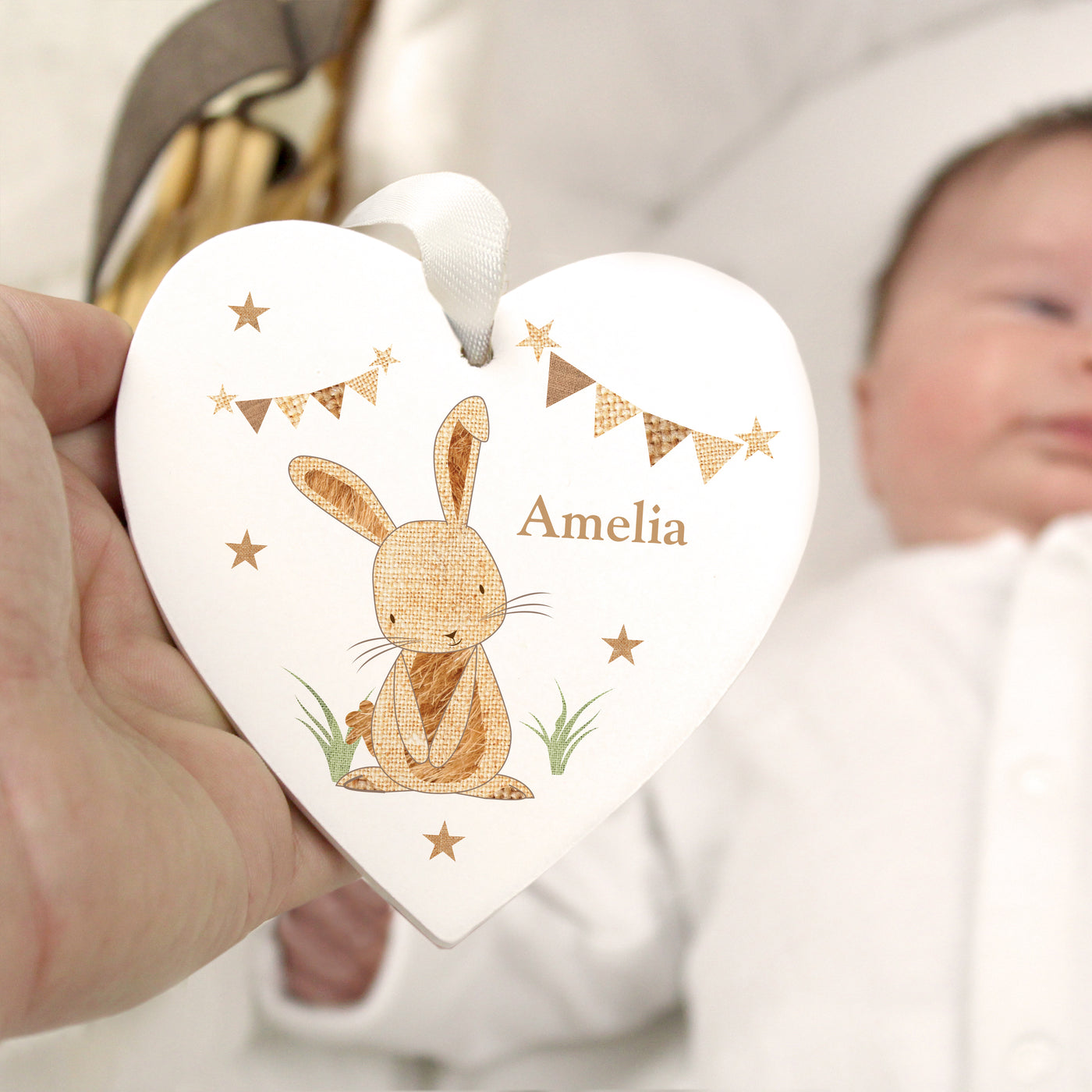 Personalised Hessian Rabbit Wooden Heart Decoration - Truly Yours