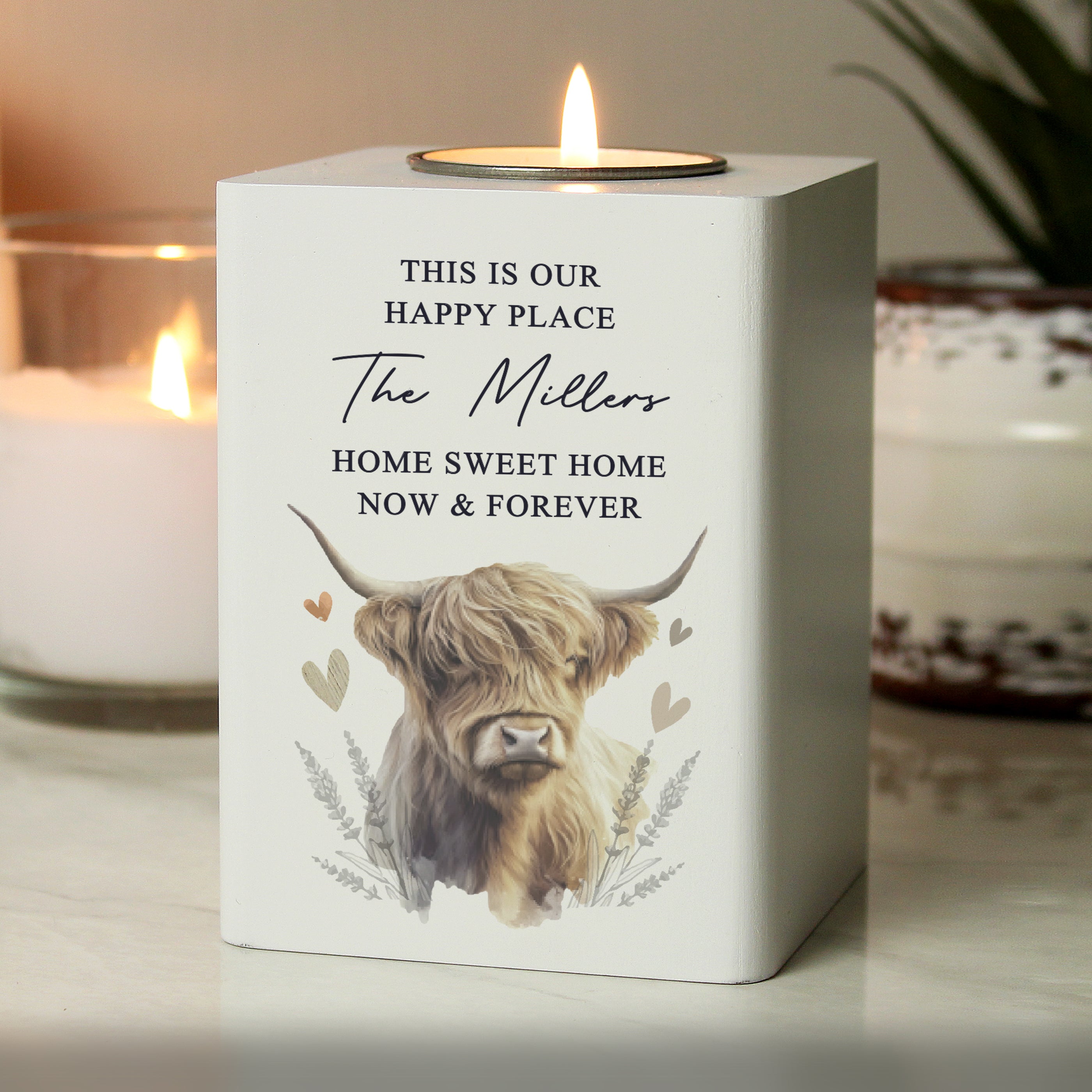 Personalised Highland Cow Wooden Tealight Holder - Truly Yours