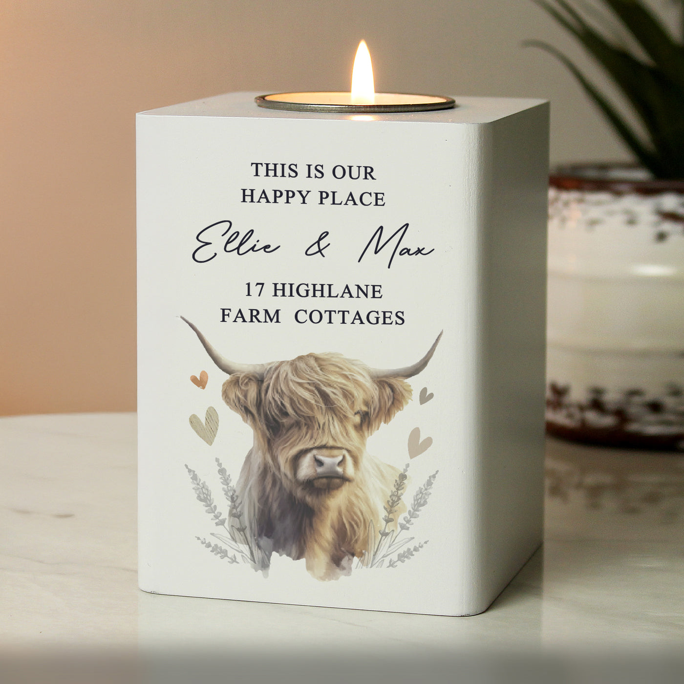 Personalised Highland Cow Wooden Tealight Holder - Truly Yours