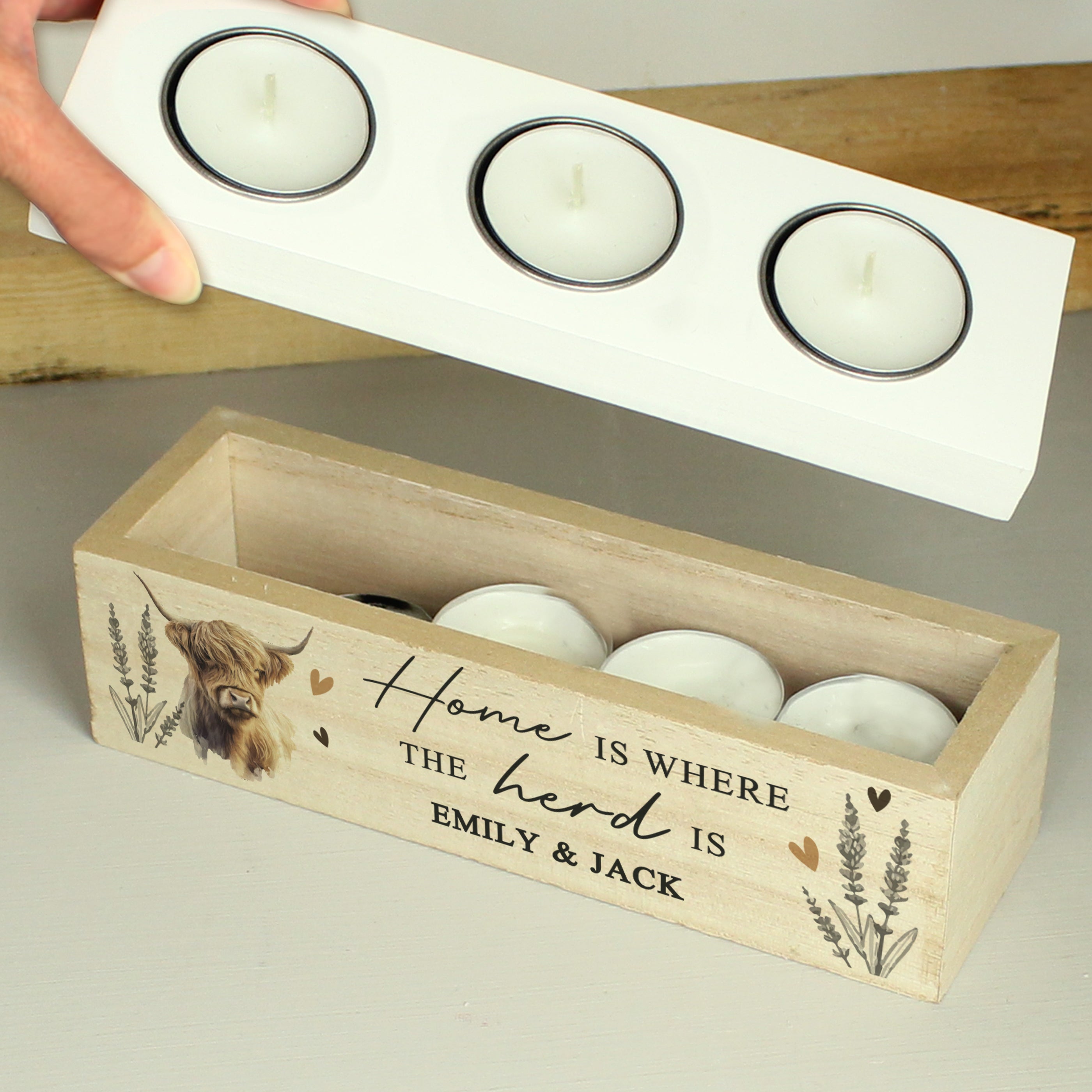 Personalised Highland Cow Triple Tea Light Box - Truly Yours
