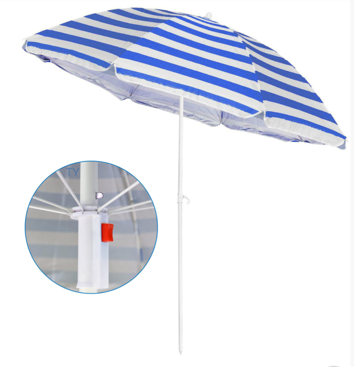 1.7M Blue & White Striped Garden Parasol with Tilt Function – UPF40 Sun Protection, 8-Rib Steel Frame & Carry Bag