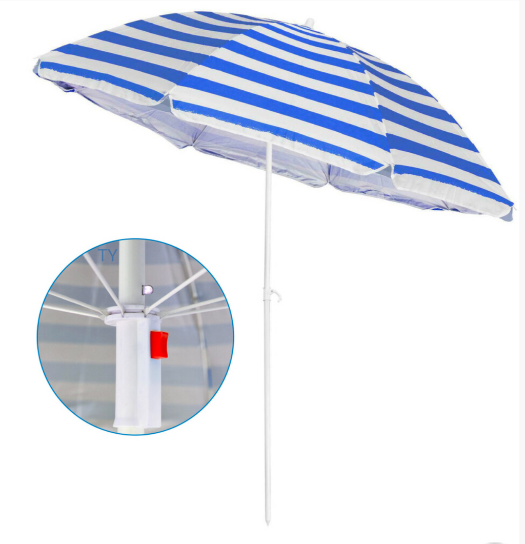 1.7M Blue & White Striped Garden Parasol with Tilt Function – UPF40 Sun Protection, 8-Rib Steel Frame & Carry Bag