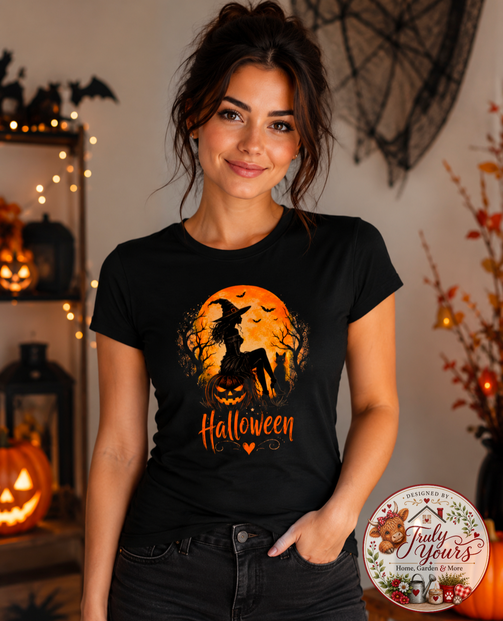 Halloween Witch & Pumpkin Graphic Ladies T-Shirt
