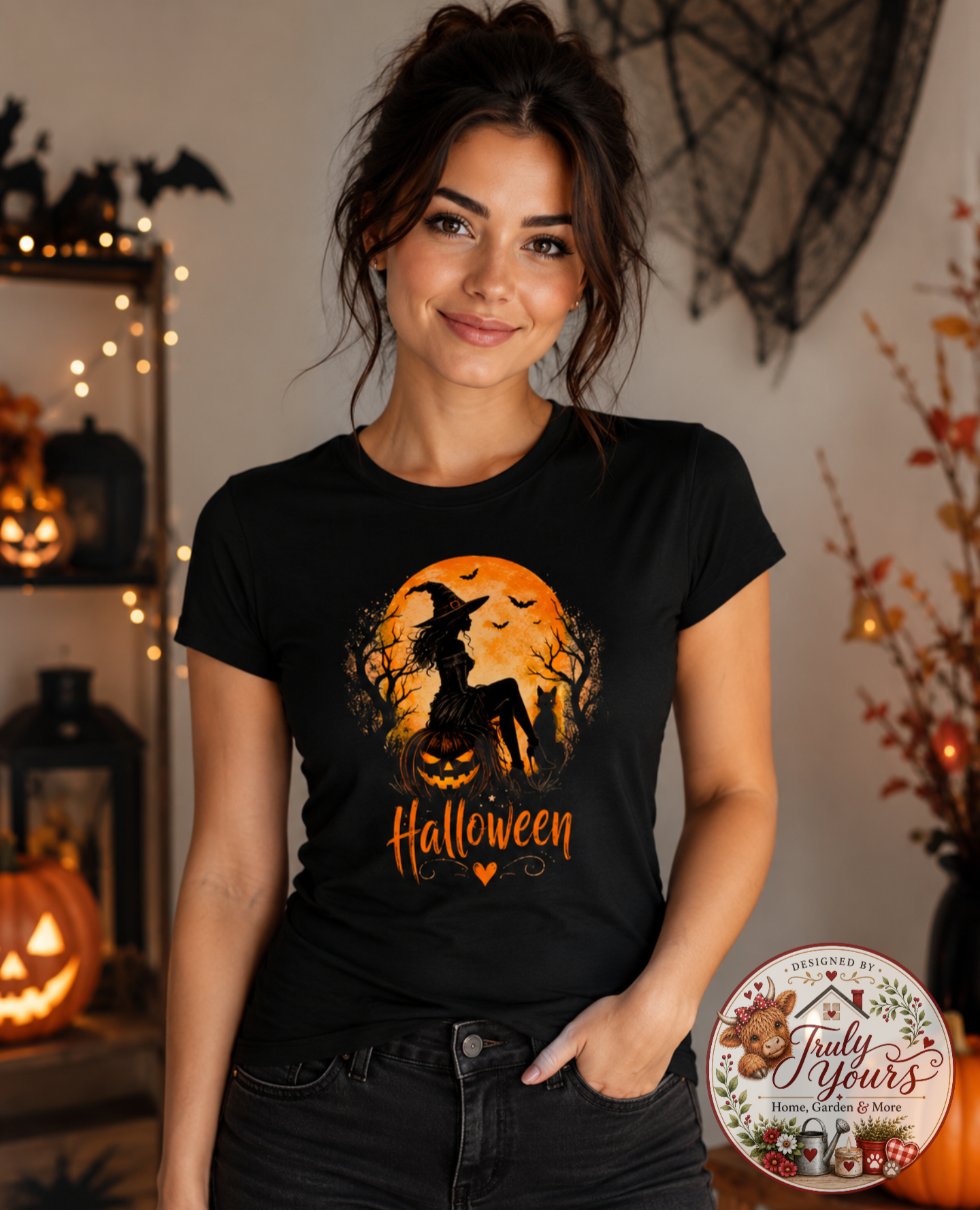 Halloween Witch & Pumpkin Graphic Ladies T-Shirt