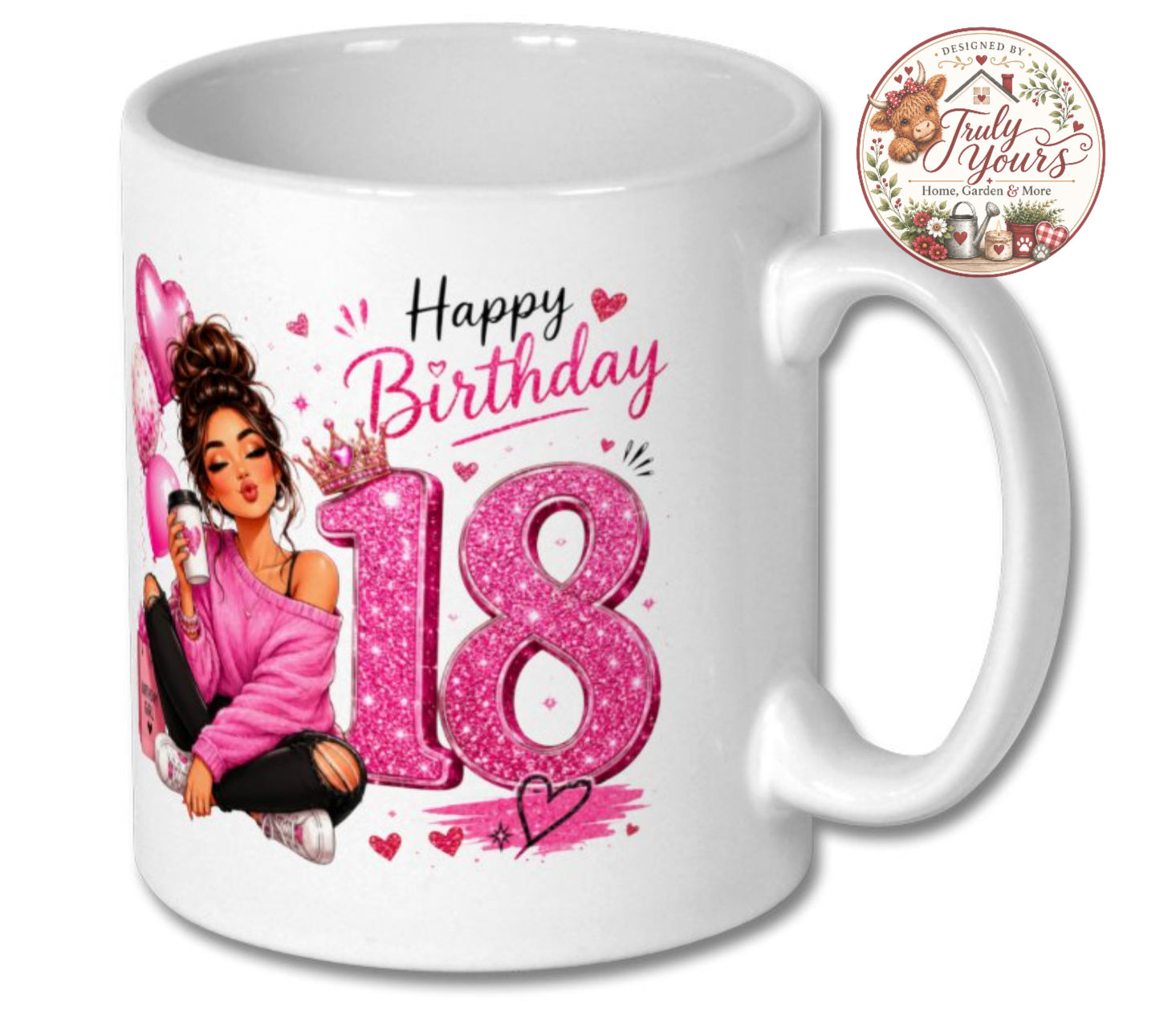 Happy 18th or 21st Birthday Glitter Pink Mug – Cute Girly Birthday Coffee Cup Gift for Her
