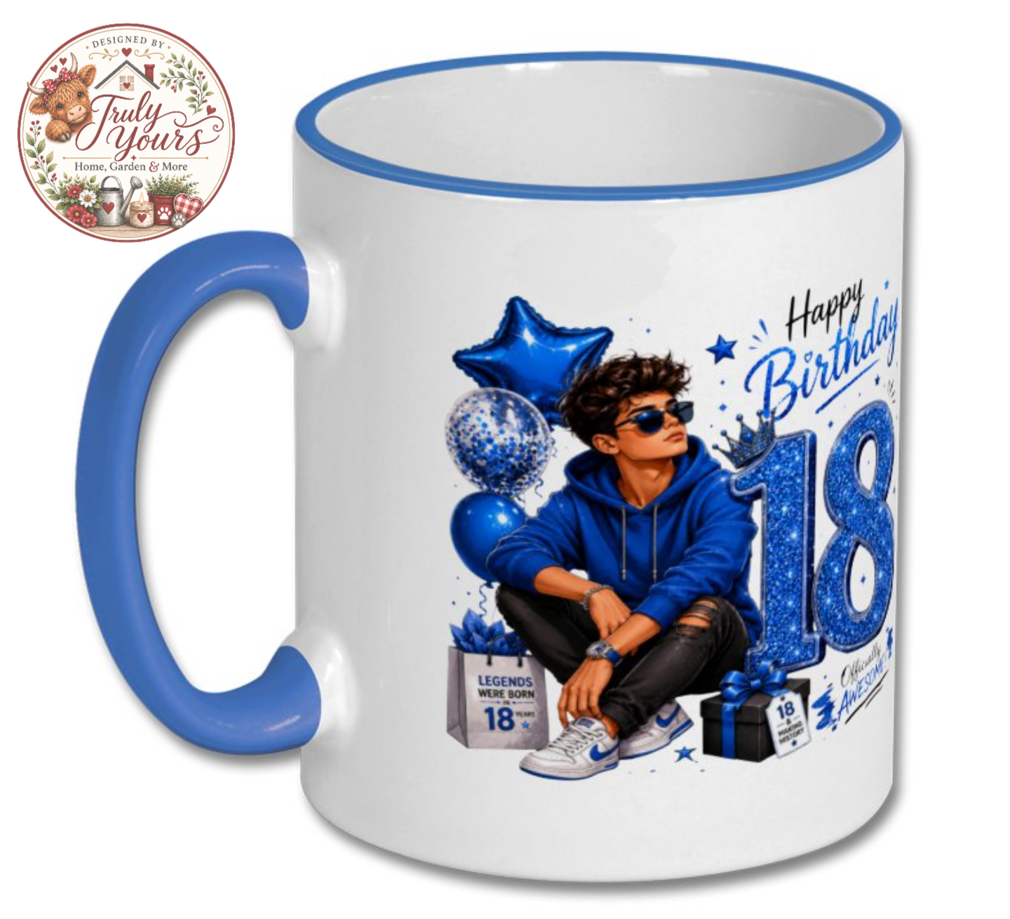 18th Birthday Blue Glitter Mug – Cool Cartoon Boy Birthday Coffee Mug Gift