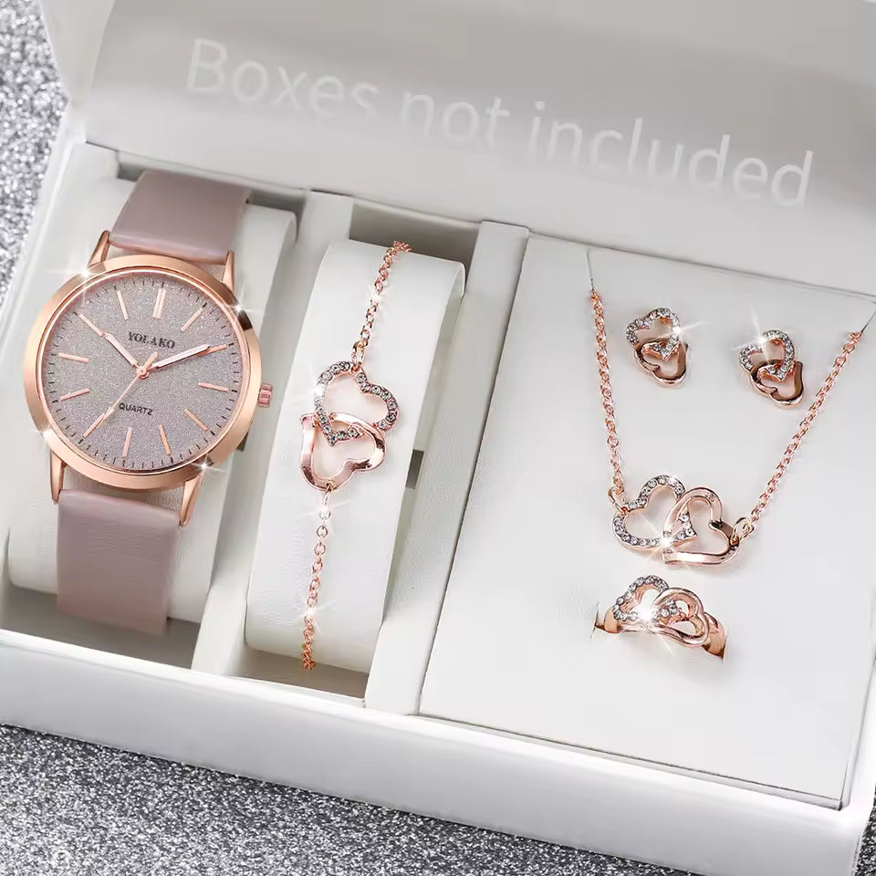 6pcs Luxury Women's Frosted Watch Set - Sparkling Heart Jewellery & Leather Strap Timepiece