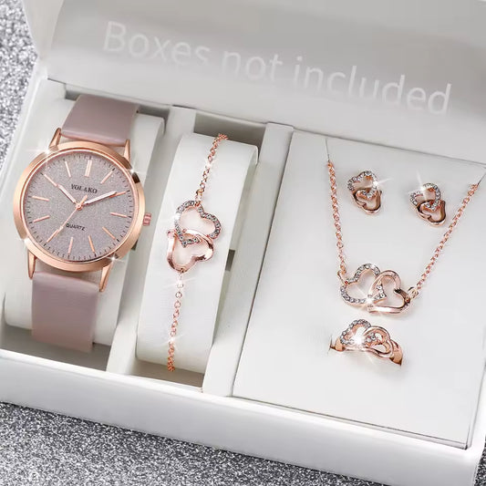 6pcs Luxury Women's Frosted Watch Set - Sparkling Heart Jewellery & Leather Strap Timepiece - Truly Yours
