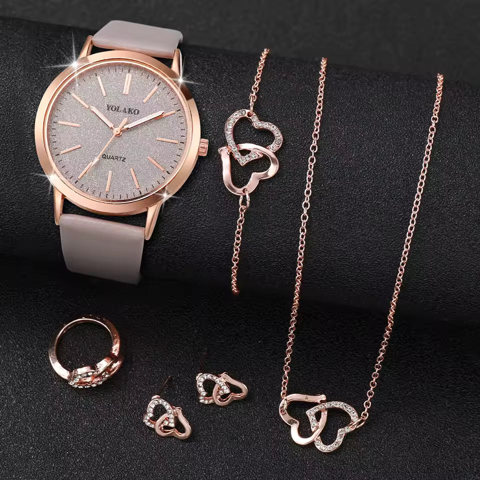 6pcs Luxury Women's Frosted Watch Set - Sparkling Heart Jewellery & Leather Strap Timepiece