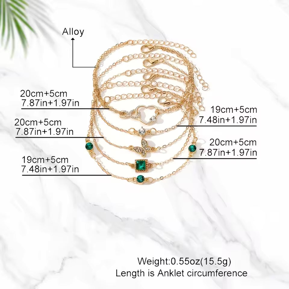 5-Piece Vintage Gold Bracelet Set: Infinity, Hearts, & Emerald Accents
