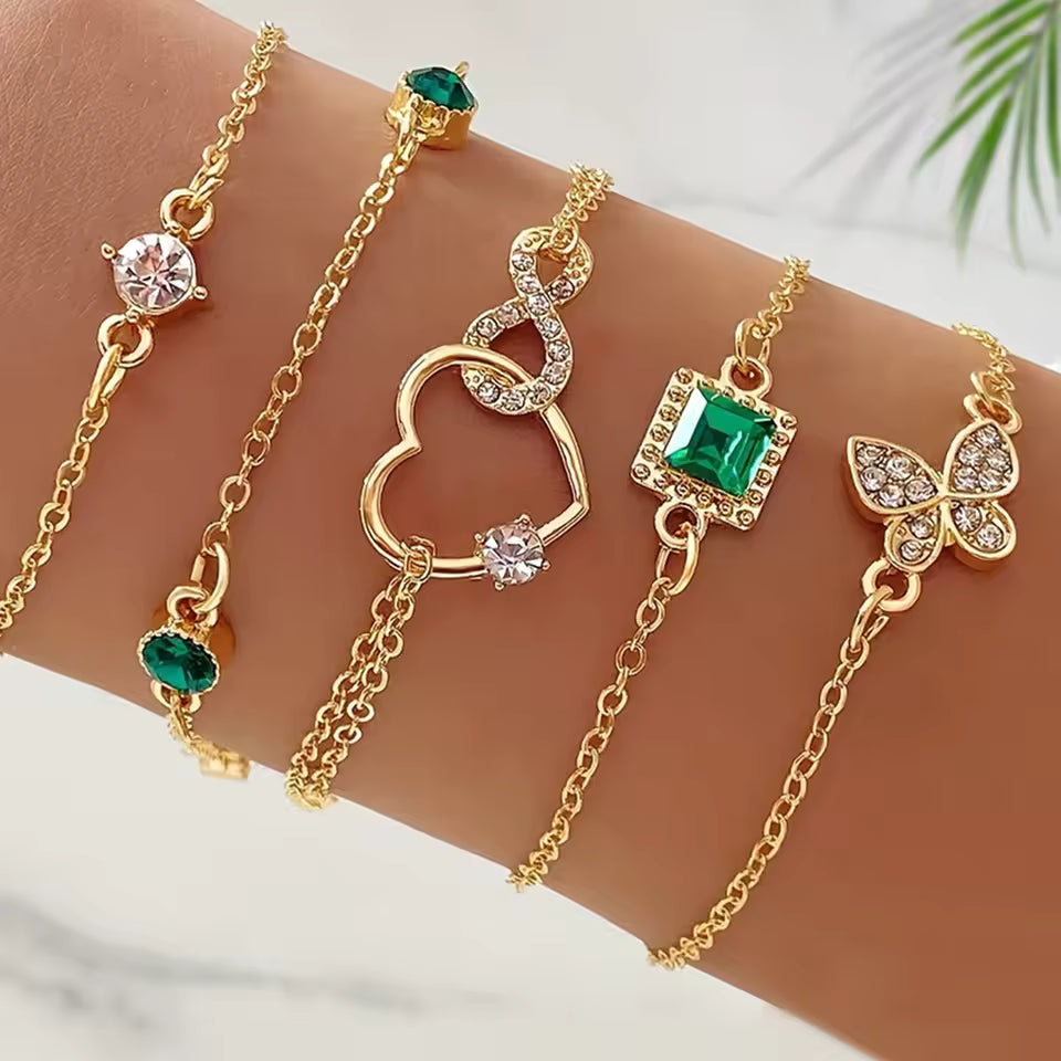 5-Piece Vintage Gold Bracelet Set: Infinity, Hearts, & Emerald Accents