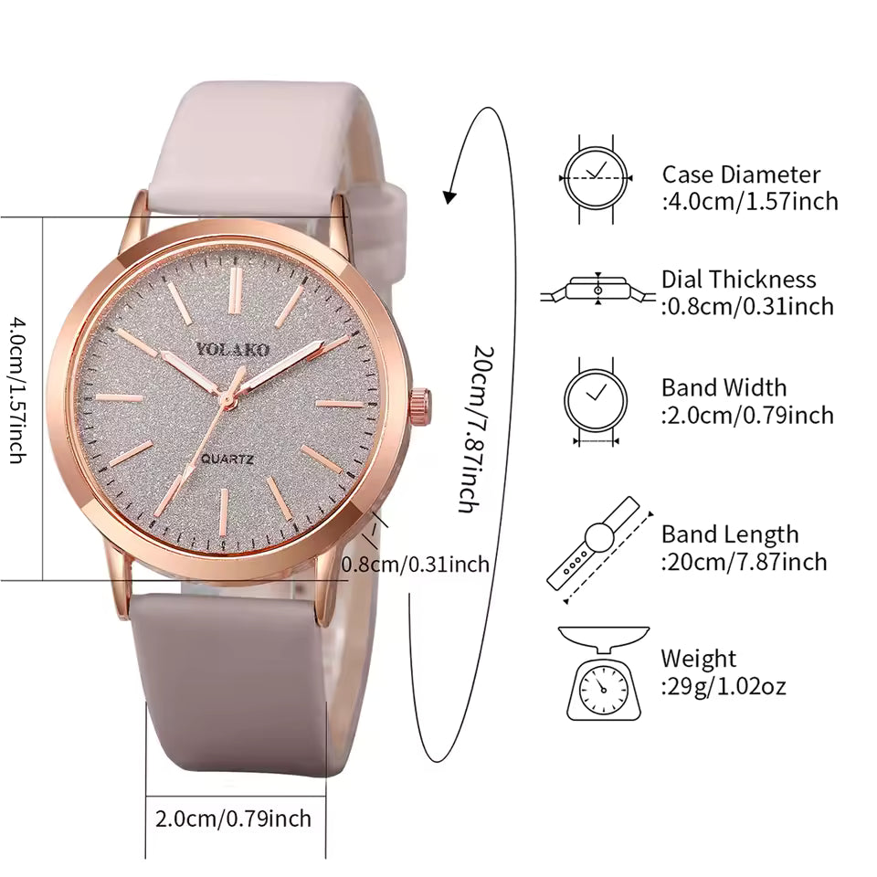6pcs Luxury Women's Frosted Watch Set - Sparkling Heart Jewellery & Leather Strap Timepiece
