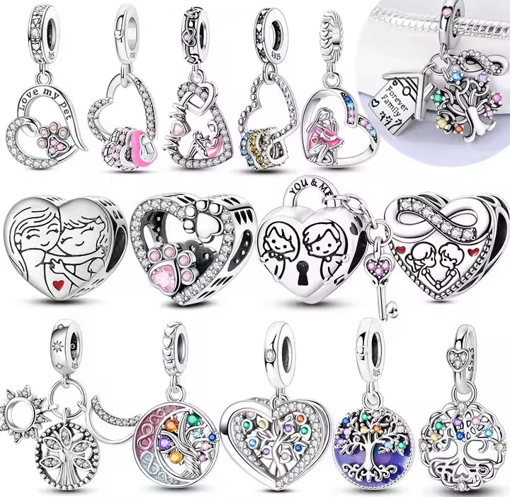 925 Sterling Silver Family & Love Heart Charms