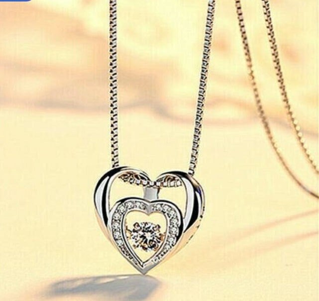 925 Sterling Silver Double Heart Crystal Pendant – Silver Fine Link Chain - Truly Yours