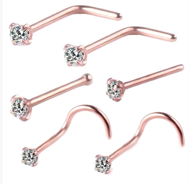 6pcs/set Cubic Zirconia L-bar Curved Rod Nose Stud Body Piercing 3 Colours - Truly Yours