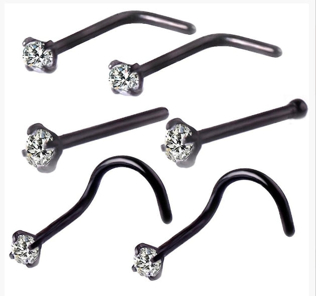 6pcs/set Cubic Zirconia L-bar Curved Rod Nose Stud Body Piercing 3 Colours - Truly Yours