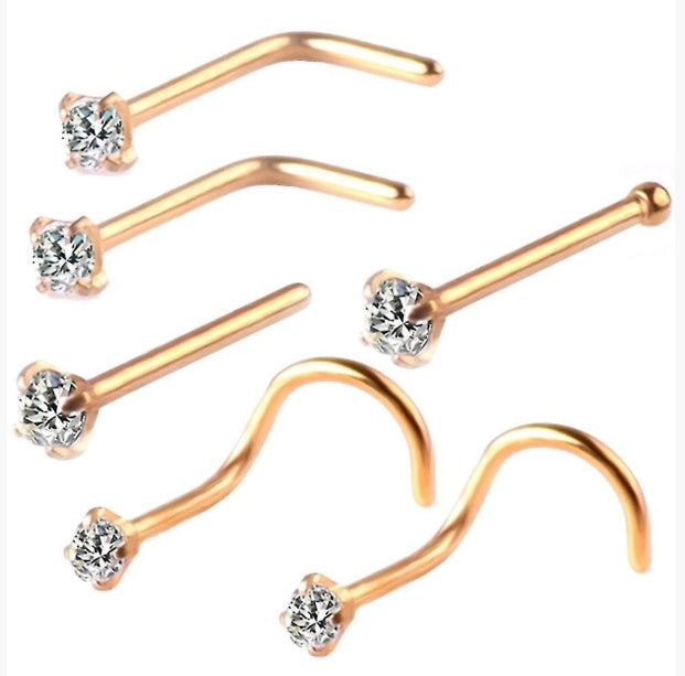 6pcs/set Cubic Zirconia L-bar Curved Rod Nose Stud Body Piercing 3 Colours