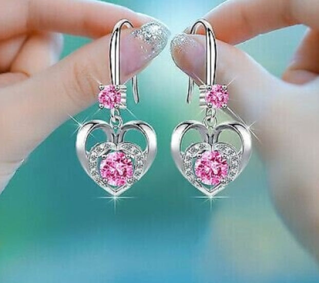 Heart Hook Earrings featuring Round Pink, Blue, or Clear Crystals