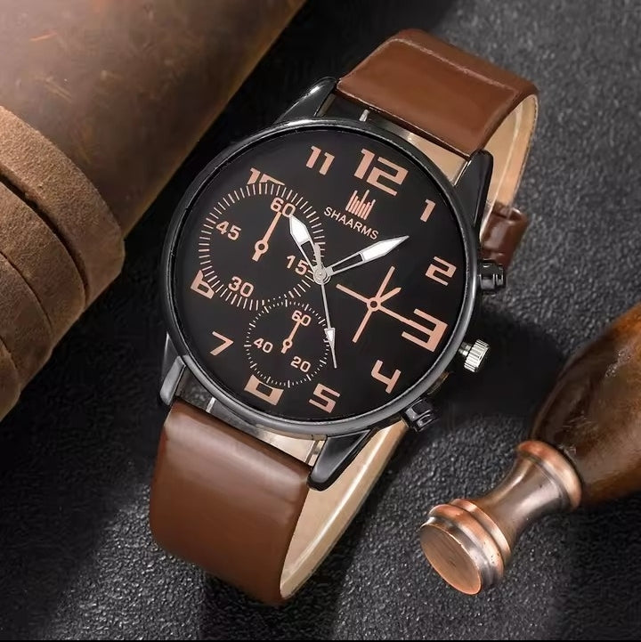 Men’s Fashion Watch & Bracelet 5-Piece Gift Set – Classic Black Dial with Leather Strap - Truly Yours