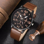 Men’s Fashion Watch & Bracelet 5-Piece Gift Set – Classic Black Dial with Leather Strap