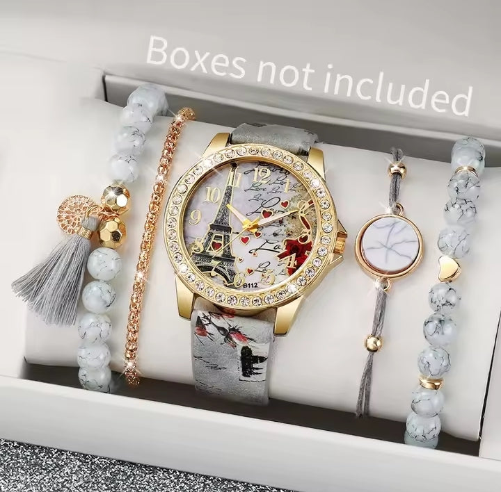 5-Piece Women's Paris Romance Watch Set – Eiffel Tower Dial with Crystal Bezel, Matching Marble-Style & Tassel Bracelet Set