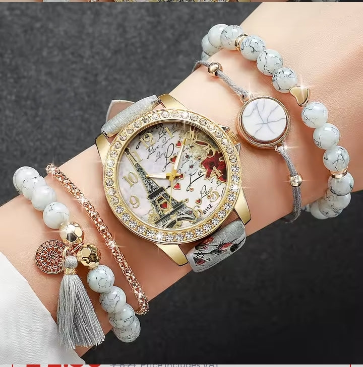 5-Piece Women's Paris Romance Watch Set – Eiffel Tower Dial with Crystal Bezel, Matching Marble-Style & Tassel Bracelet Set - Truly Yours