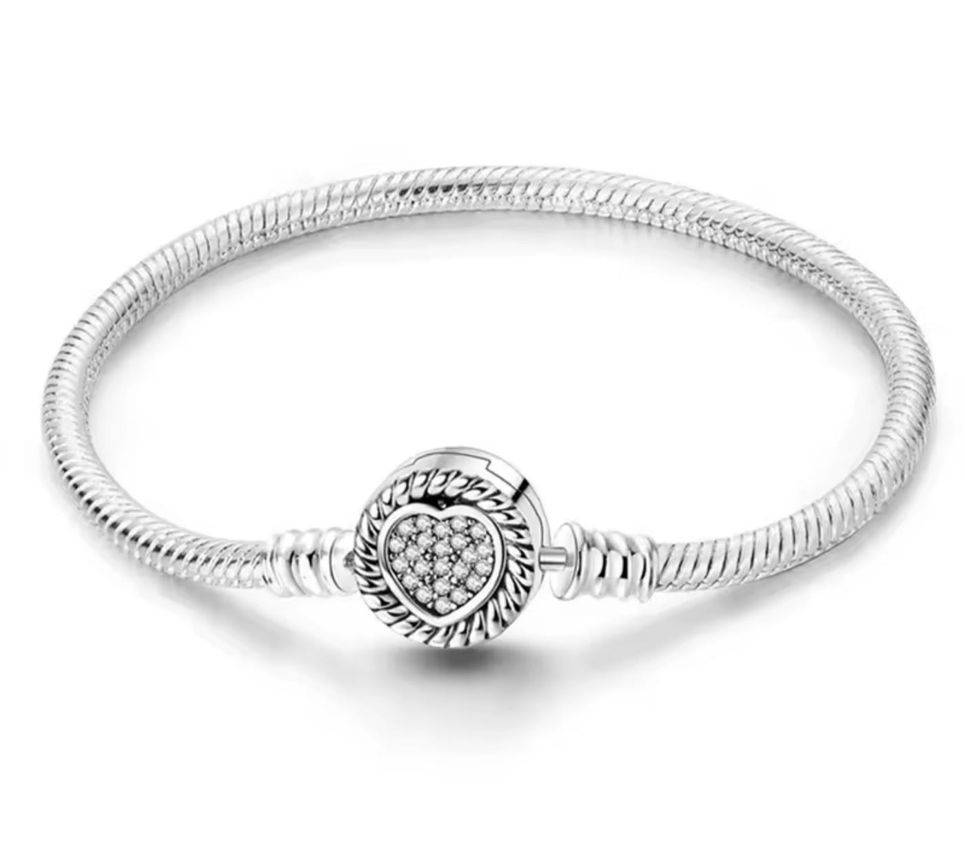 925 Sterling Silver Heart Pave Snake Chain Bracelet with Twisted Halo Clasp - Truly Yours